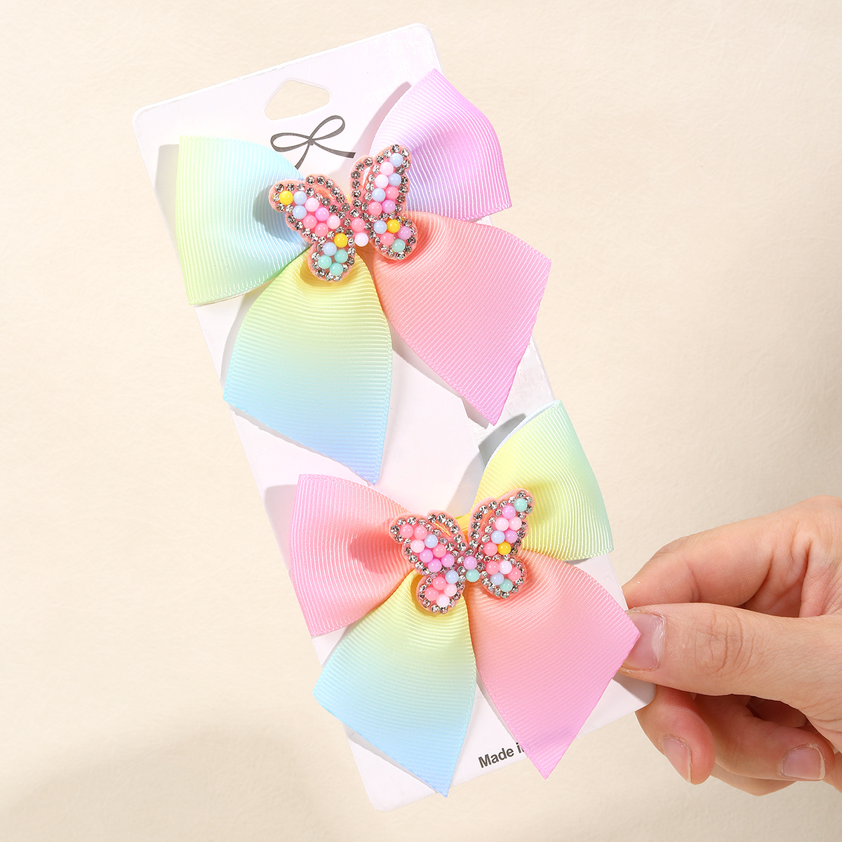 Lazo de pelo de arcoíris para niña, 2 piezas, cinta de grogrén degradado, pinzas para el pelo con cuentas de diamantes de imitación, mariposa, accesorios para el cabello: Default Title