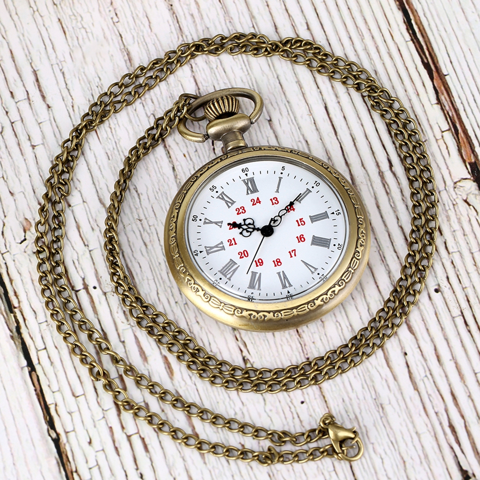 No Cover Quartz Pocket Watches Roman Numerals Bronze Floral Rattan Back Case Necklace Retro Chain Watch for Men Women