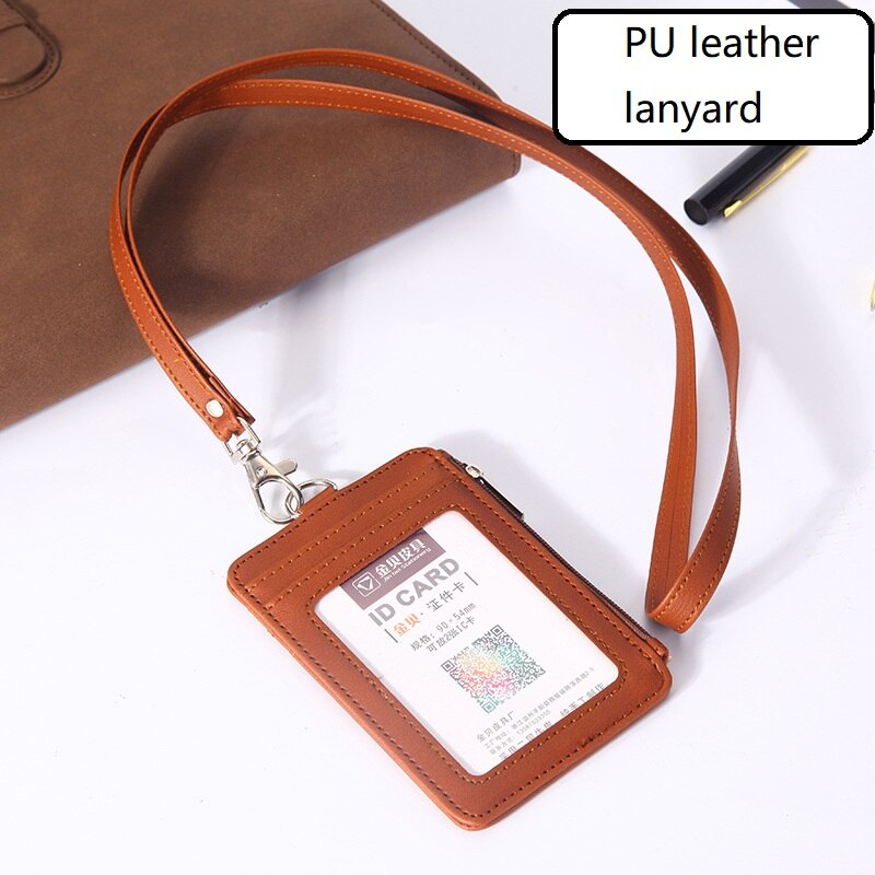 Pu Lederen Id Badge Houder Met Rits Porte Bus Pass Case Cover Slip Mannen Vrouwen Bank Credit Card Houder met Polyester Lanyard: Brown PU leather