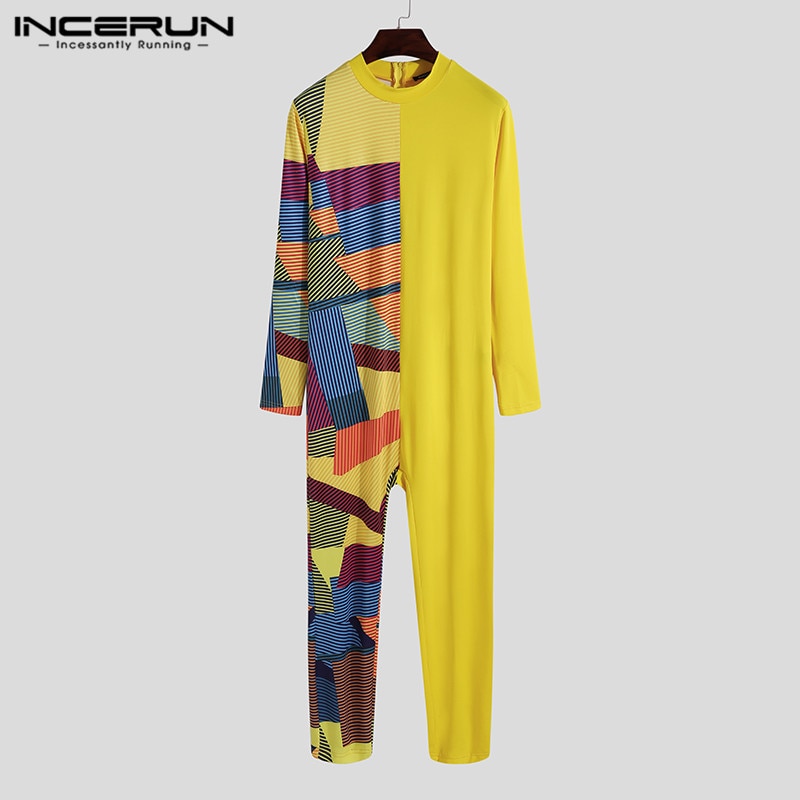 Incerun Mannen Pyjama Jumpsuit Homewear Patchwork O Hals Lange Mouwen Leisure Rompertjes Zipper Skinny Gezellige Overalls Nachtkleding S-5XL