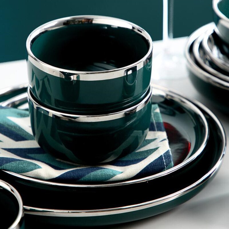 Zilveren rand retro nordic light luxe keramisch servies donkergroen servies serie hotel servies set westerse gerechten 1pc