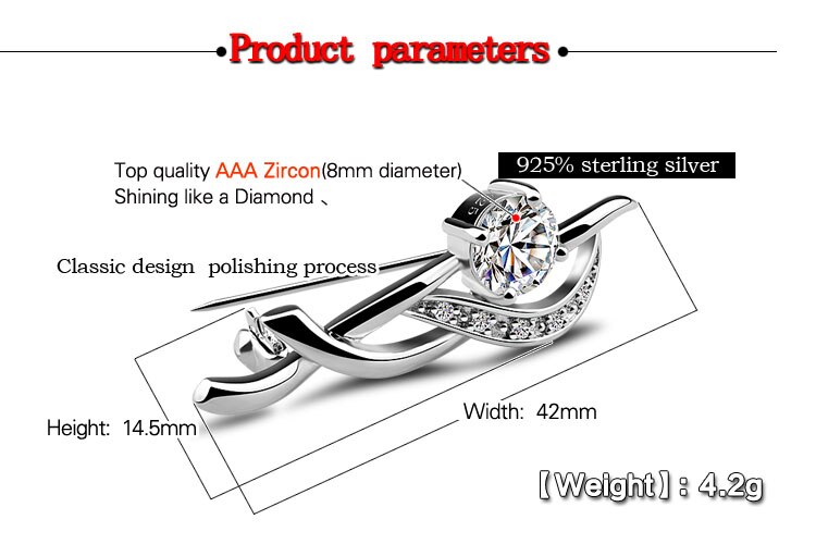 Popular female models silver jewelry 925 sterling silver brooch charm jewelry zircon inlaid ladies solid silver bijoux