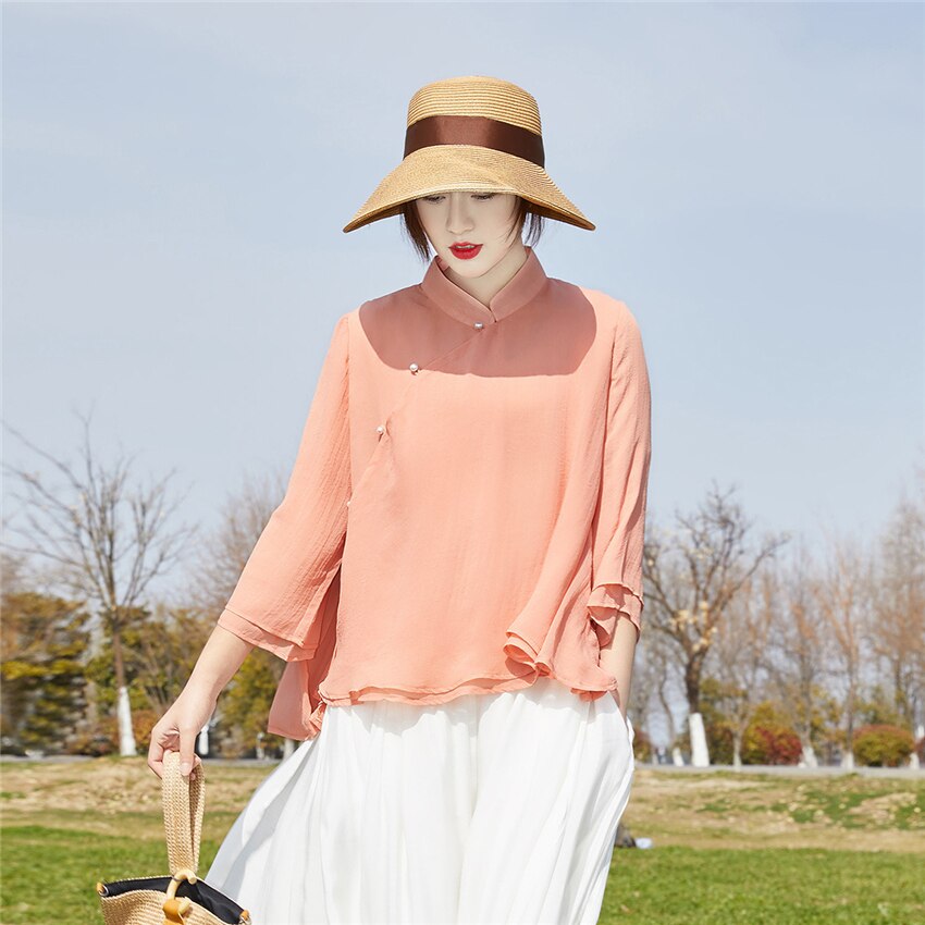 Ropa de estilo chino tradicional para mujer, Top con cuello alto, Color sólido, lino, algodón, Hanfu moderno, primavera y otoño, 2022