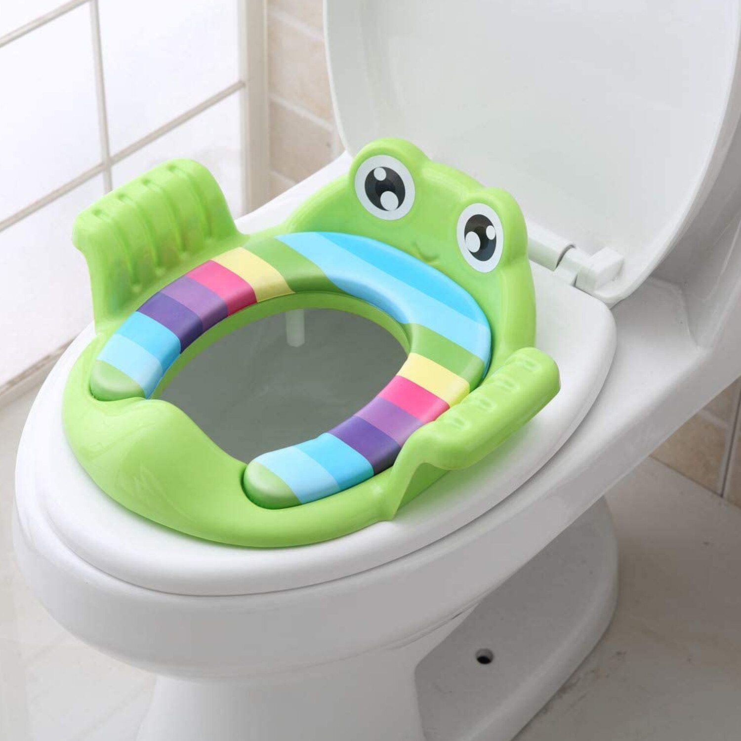 Cute Cartoon Anti-slip Potty Training Seat Toilet Trainer with Soft Cushion Handle Splash Guard for 1-6 Years Old Kids: Green