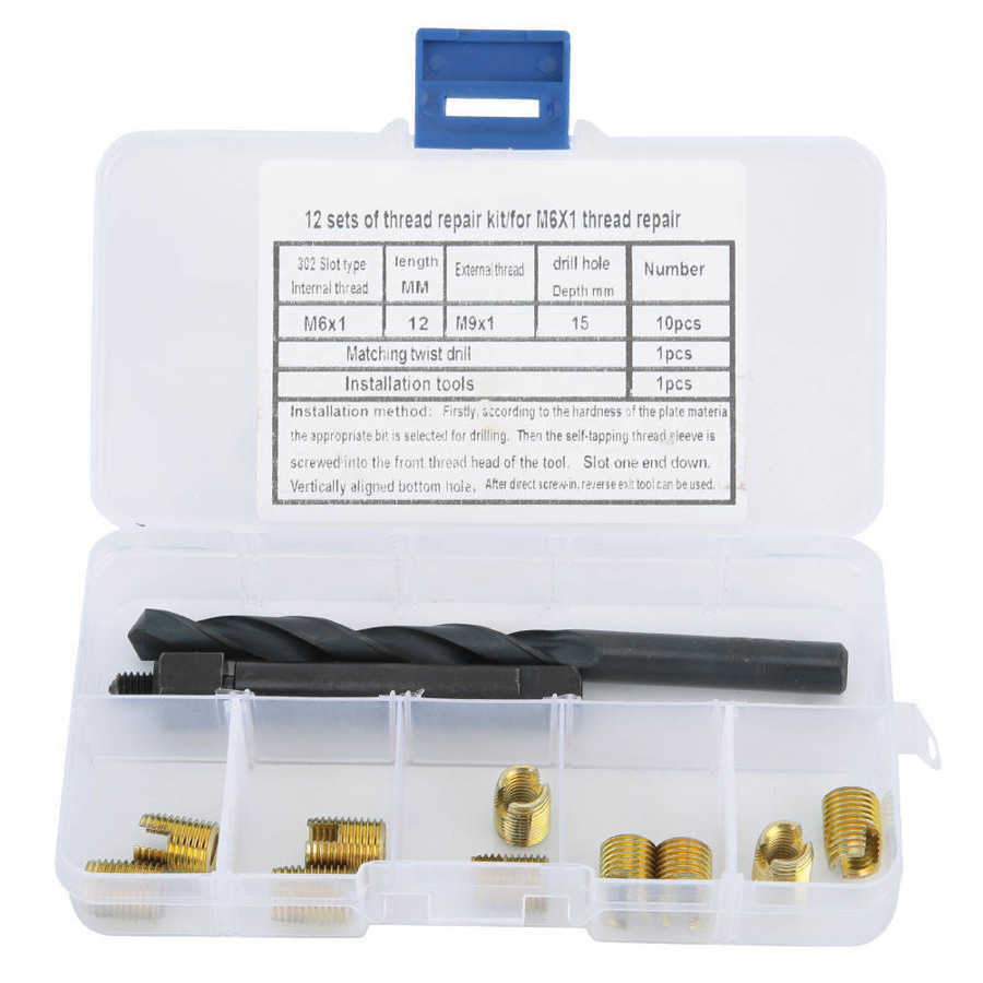 12pcs M6x1 Thread Repair Kit Self Tapping Thread Insert Drill Bit Tool