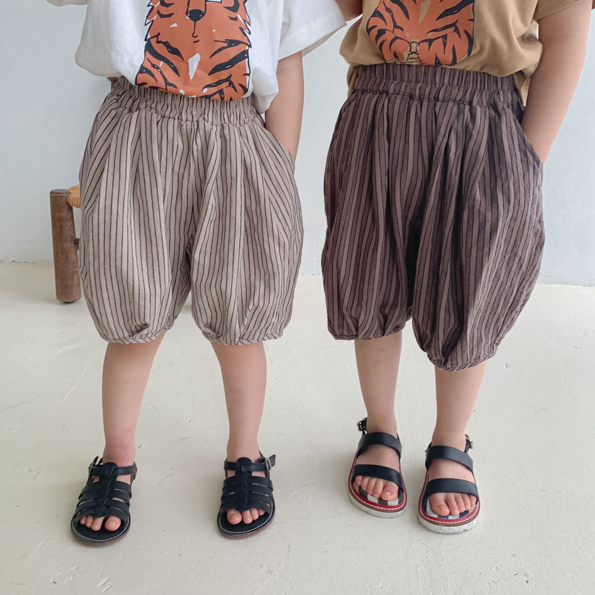 Pantalones cortos de verano para niños, pantalón corto a rayas, holgado, informal, de algodón, combina con todo, L