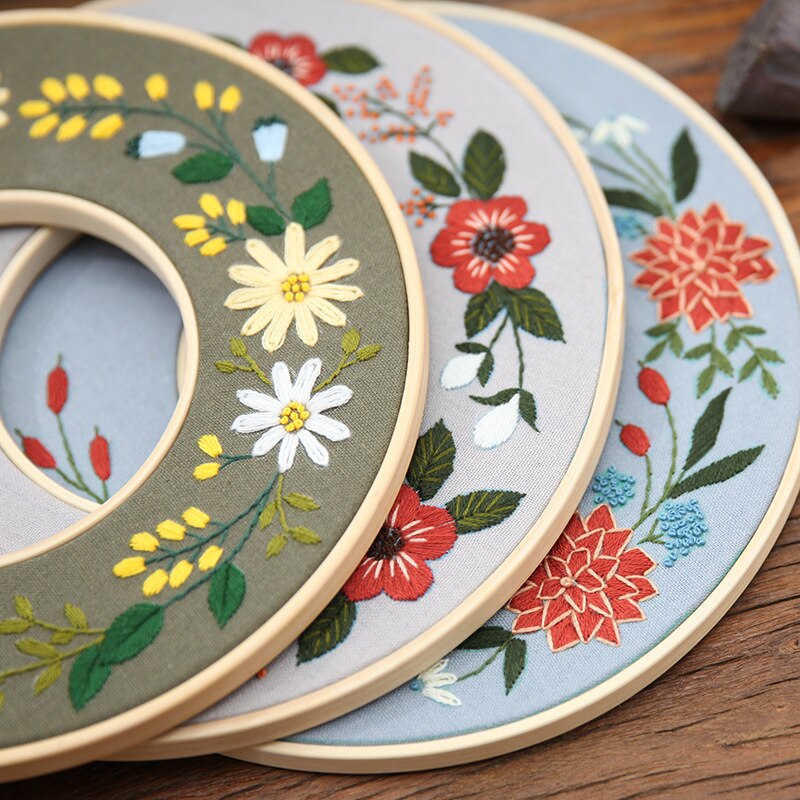 DIY Flower Embroidery Kit with Bamboo Hoop Needlework Flower Pattern Printed Starter Kit Handmade Sewing Art Craft Painting