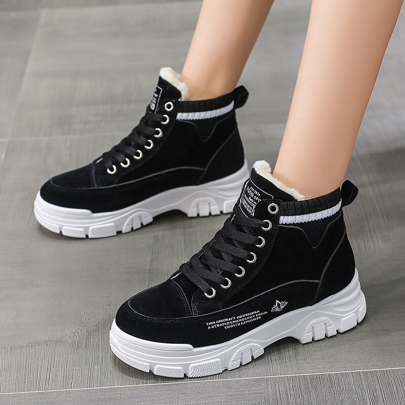 Zapatillas de deporte de felpa para mujer, zapatos planos, tenis, invierno,: Negro / 35