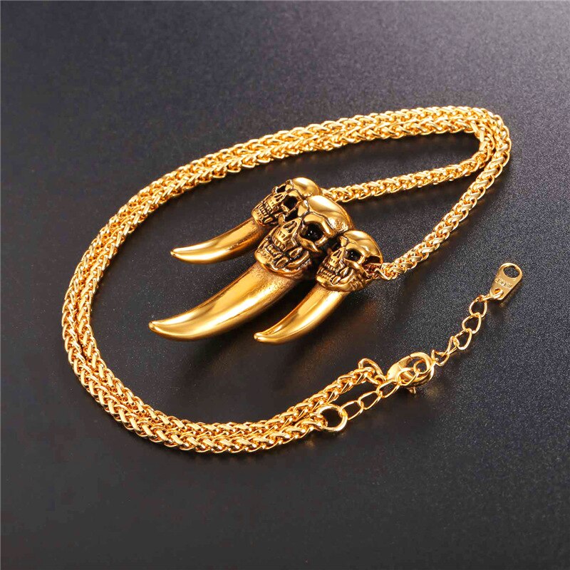 Starlord Punk Wolf Zahn Anhänger Halskette Edelstahl/Gold Farbe 3 Schädel Kopf Charme Amulett Männer Schmuck GP2458