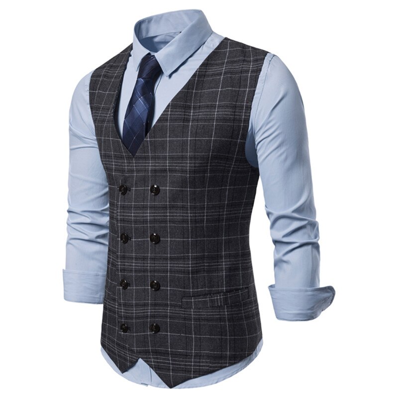 Male Plaid Slim Fit Dress Vests Men's Casual Sleeveless Formal Business Jacket Suit Vest Wedding Waistcoat Homme Plus Size