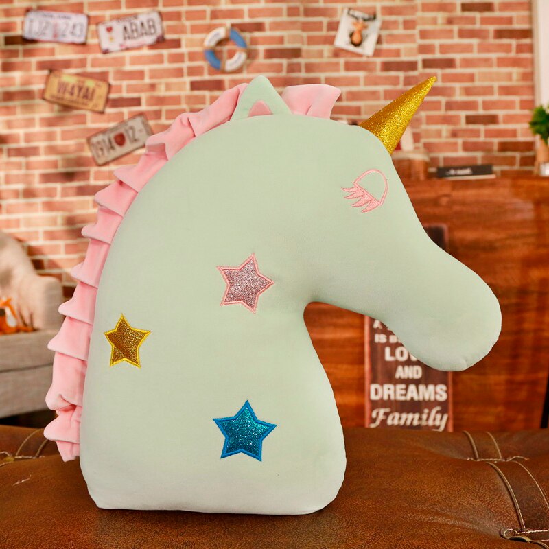 Adorable licorne tête en peluche oreiller flou doux en peluche Animal décor oreiller enfants lit lit jeter oreiller: Green Head