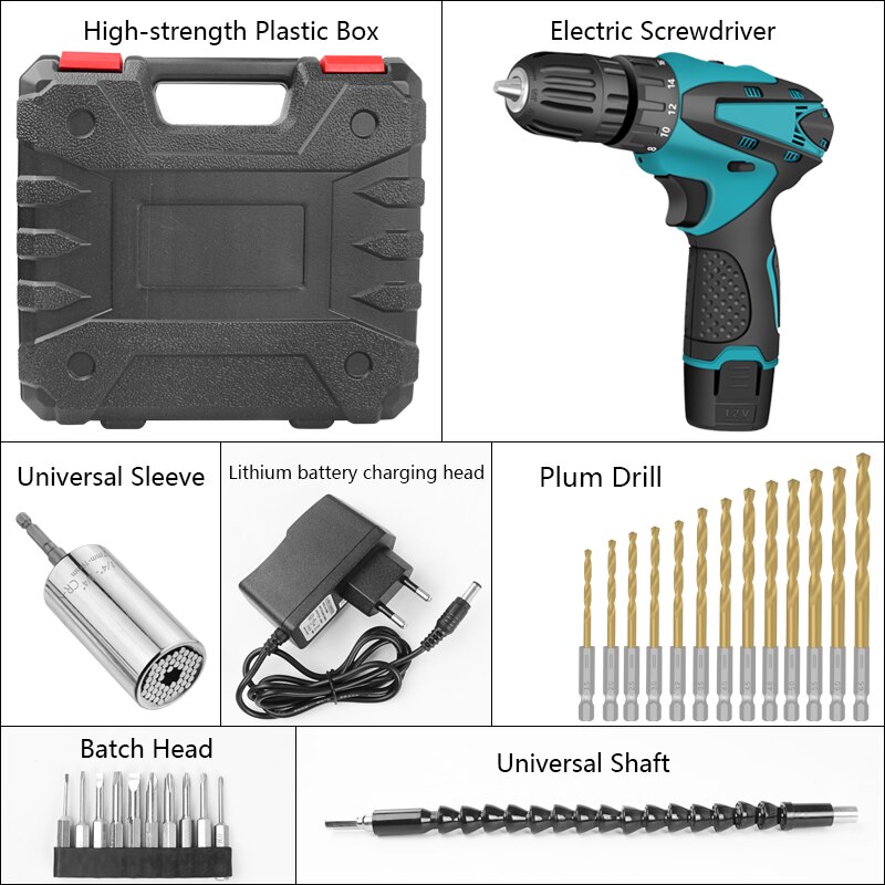 Electric Drill Cordless Screwdriver Mini Wireless Lithium-Ion Battery 12V Power Tools Speed and Torque Adjustable