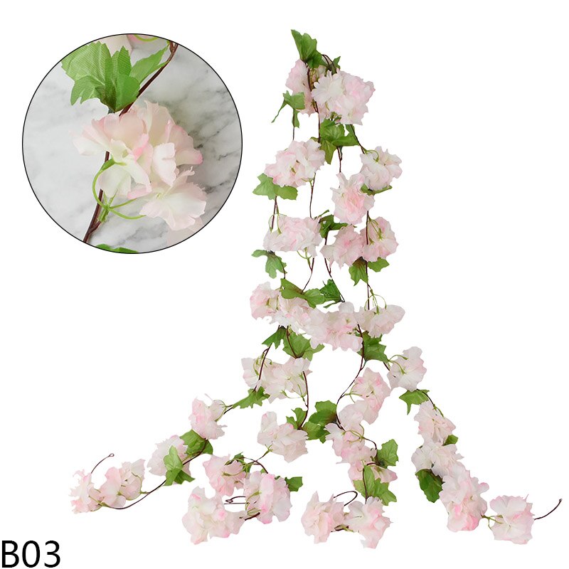 230cm wiśnia kwitnący kwiat winorośli sztuczne kwiaty Sakura girlanda Rattan na łuk ślubny strona główna ozdoba robić powieszenia na ścianie bluszcz: B03