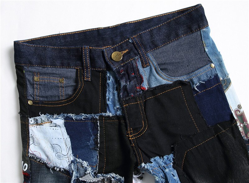 Jeans rasgado botão de ajuste reto masculino destruído retalhos punk hip hop moda algodão denim calças dropshipping
