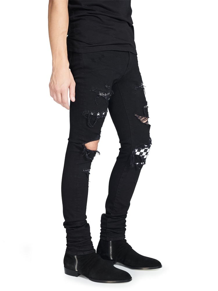 High Street Men's Jeans Black Color Destroyed Hip Hop Jeans Men Broken Punk Pants Patch Skinny Ripped Jeans For Men