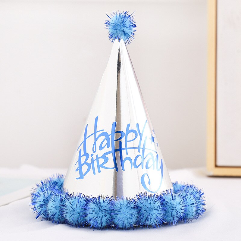 2pcs Birthday Cap Baby Kid Birthday Party Hat Child Crown Decoration Pompon Cap silver Birthday Hat Party decoration supplies: A 2PCS