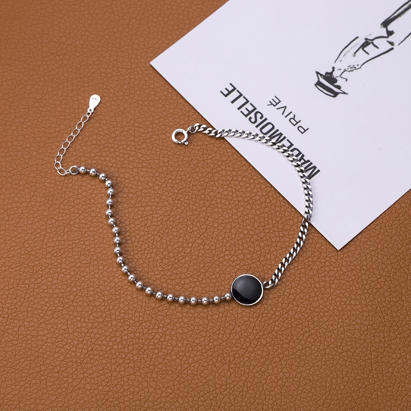 Simple Round Black Glaze 925 Sterling Silver Bracelet For Women Bead Chain Jewelry S-B392