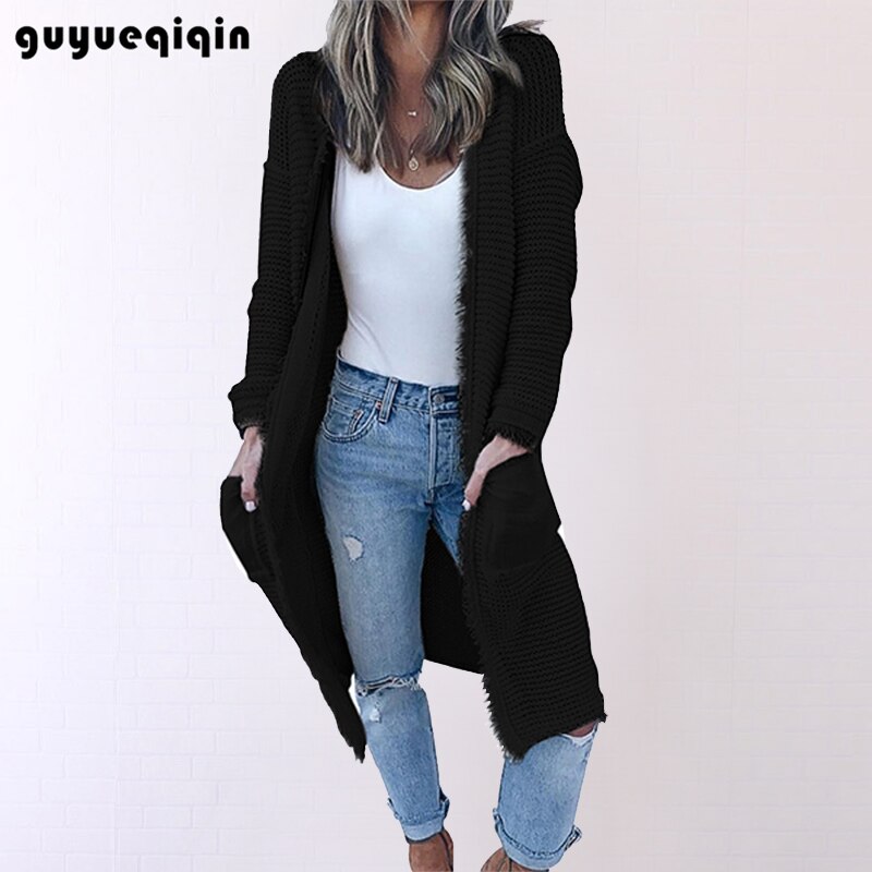 Kvast sweater kvinder tyk strikket lang sweater cardigan frakke langærmet vinter varm sweater frakke outwear