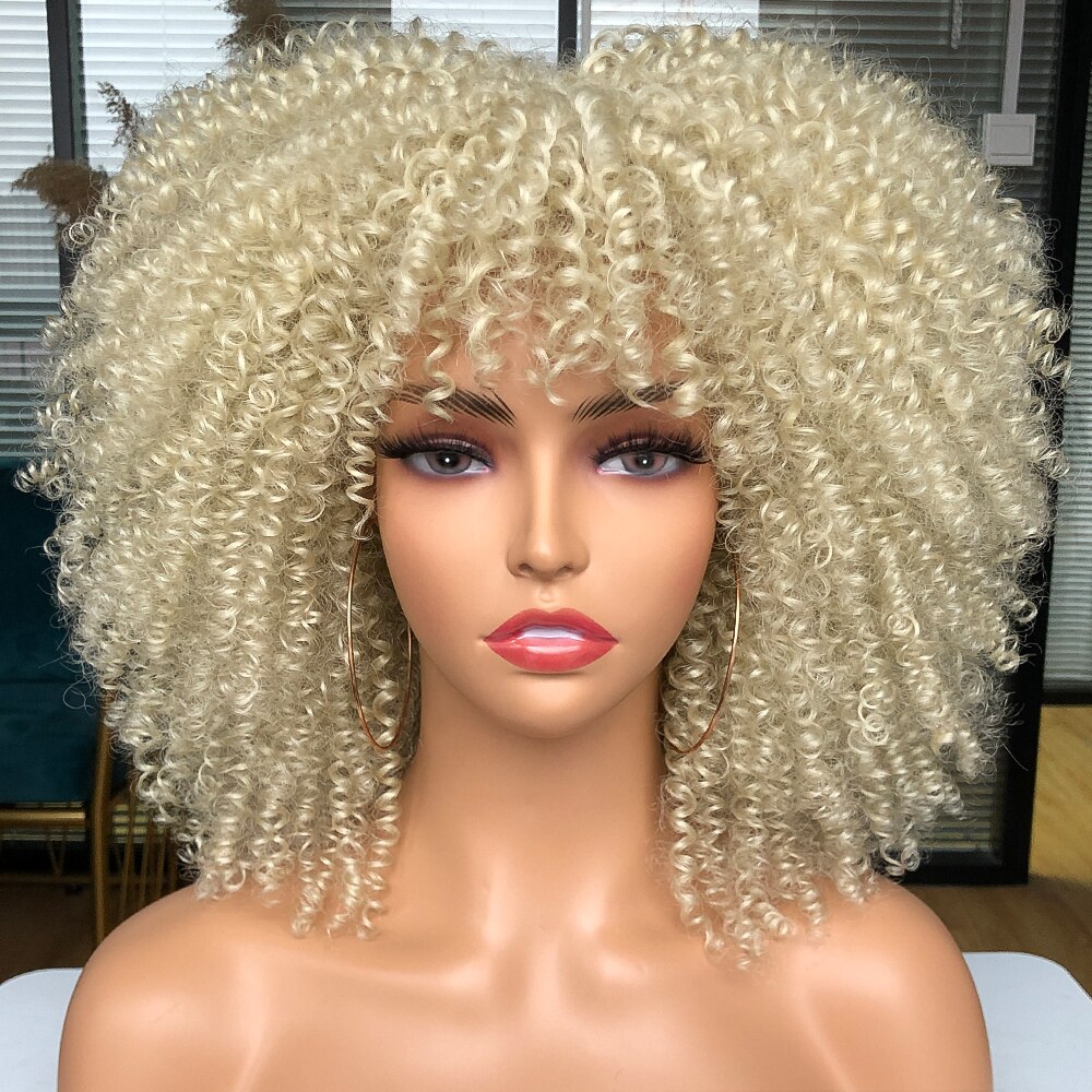 Short Hair Afro Kinky Curly Wigs With Bangs For Black Women Cosplay Lolita Synthetic Natural Blonde White Pink Blue Green Wig