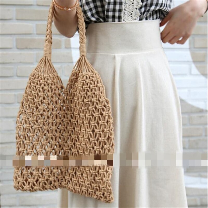 Bolsa de paja hueca Bolsa tejida Bolsos Bosque hembra Malla Cuerda Tejido Hebilla Red reticulada Bolsa de hombro hecha a mano Bolsos de playa