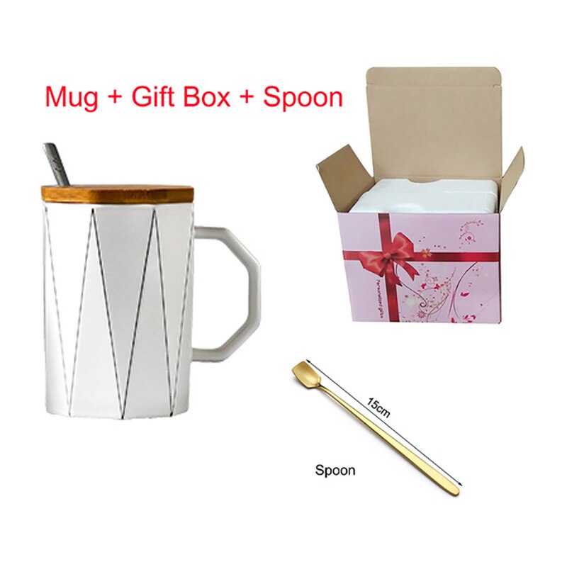 Taza geométrica mate creativa con tapa de bambú, cuchara de metal, tazas de cerámica de línea, para microondas Vaso de Leche, artículos para beber para el hogar y la Oficina, 400ml: 08