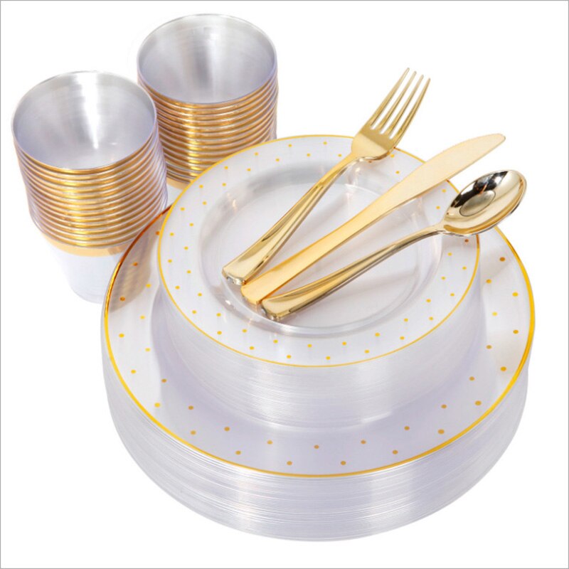 60 stuks/partij bronzing gouden stippen plastic wegwerp servies voor bruiloften, feestjes, plastic bordjes, bekers, gala-feestdecoraties