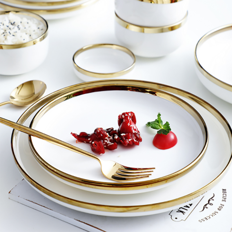 Ceramic Gold Plated Edge Plate Tableware Set White Porcelain Dinner Plate Household Kitchen Rice Bowl Salad Dish Steak Tray