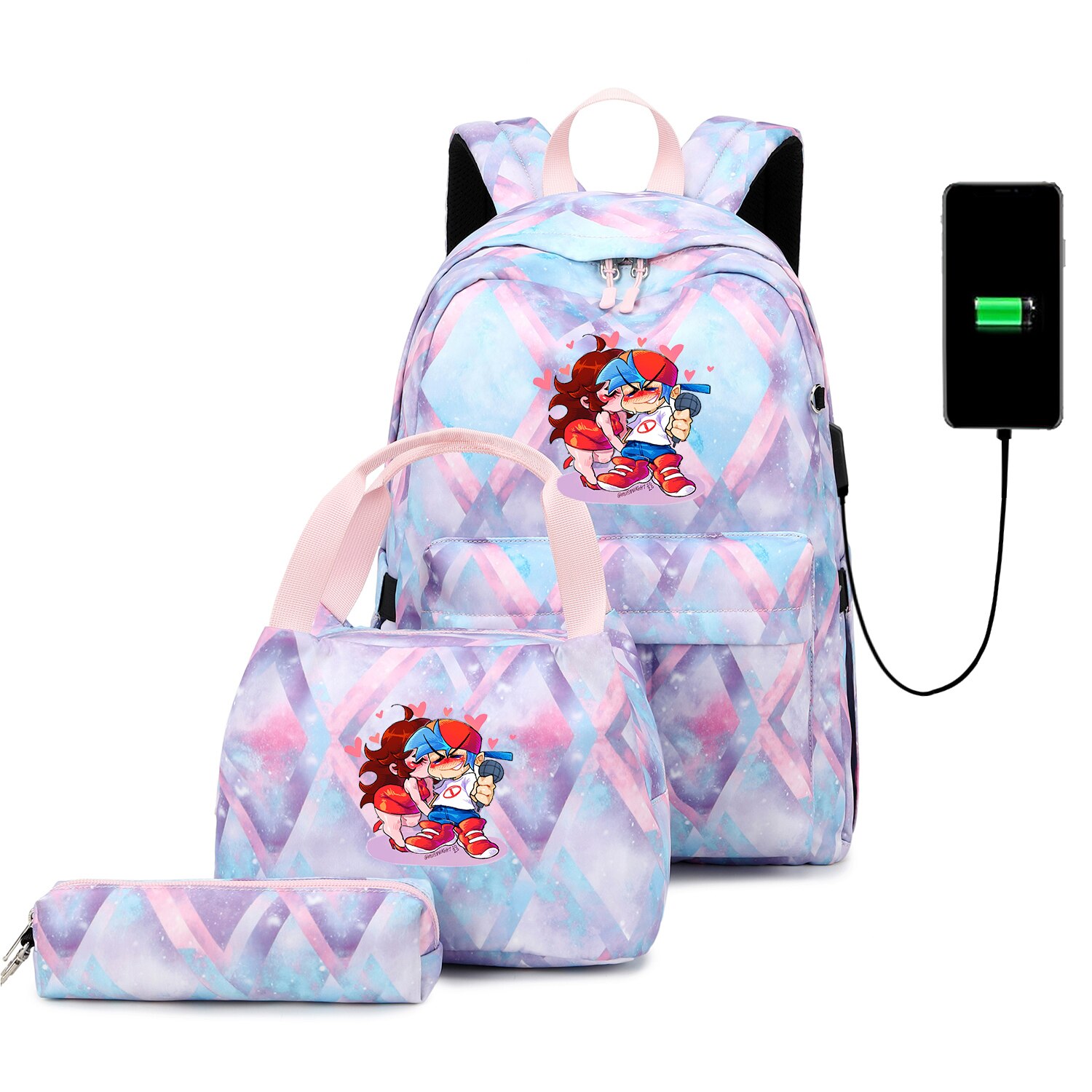 Funkin-mochilas escolares para adolescentes, niños y niñas, juego de Mochila de viaje con carga USB, bolsa de libros para estudiantes, Juego de 3 unids/set: 011