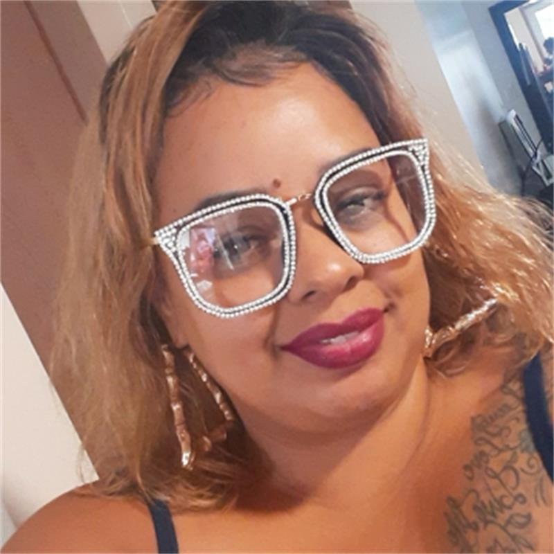 Brilmontuur met strass, heldere glazen, vierkante bril, metalen montuur, optische bril zonder sterkte, transparante bril