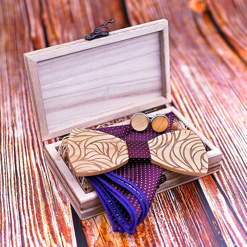 Men Wooden bow tie set Handkerchief Cufflinks wood bowtie wedding tie corbata Wooden Ties Gravata set gentlemen wear