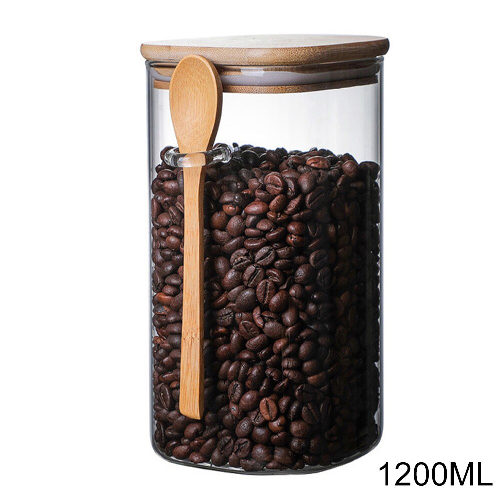 Mel krukker lufttæt mad opbevaring krukke glas kaffebønne krydderi sukkerbeholdere med låg og træske  dc156: 1200ml