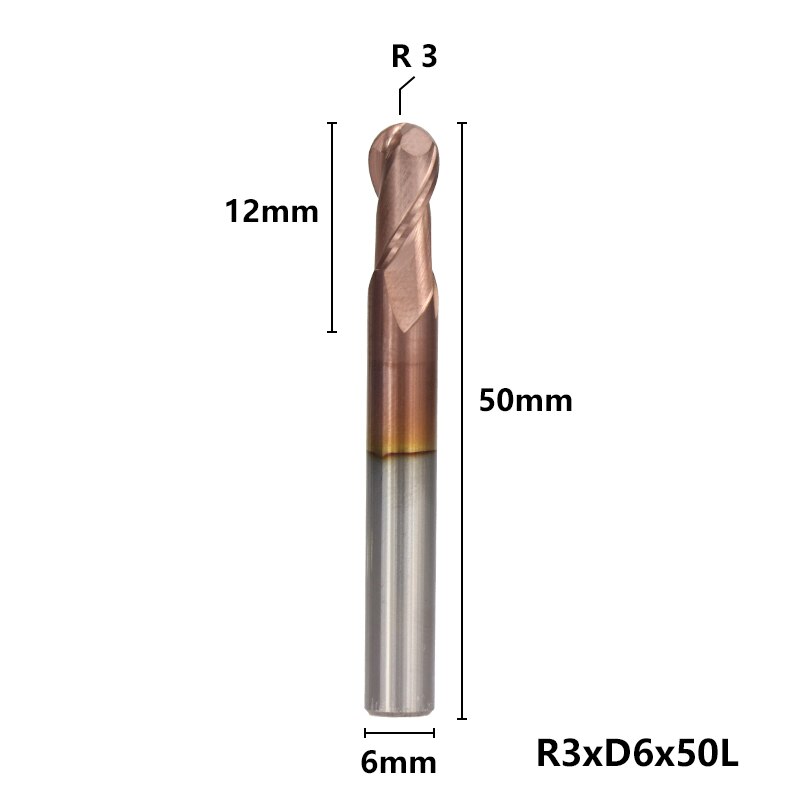 2 Flute End Mill CNC Ball Nose End Mill HRC 50 Router Bits TiCN Coating R0.5-6.0 Tungsten Carbide Engraving Milling Cutter: R3xD6x50L
