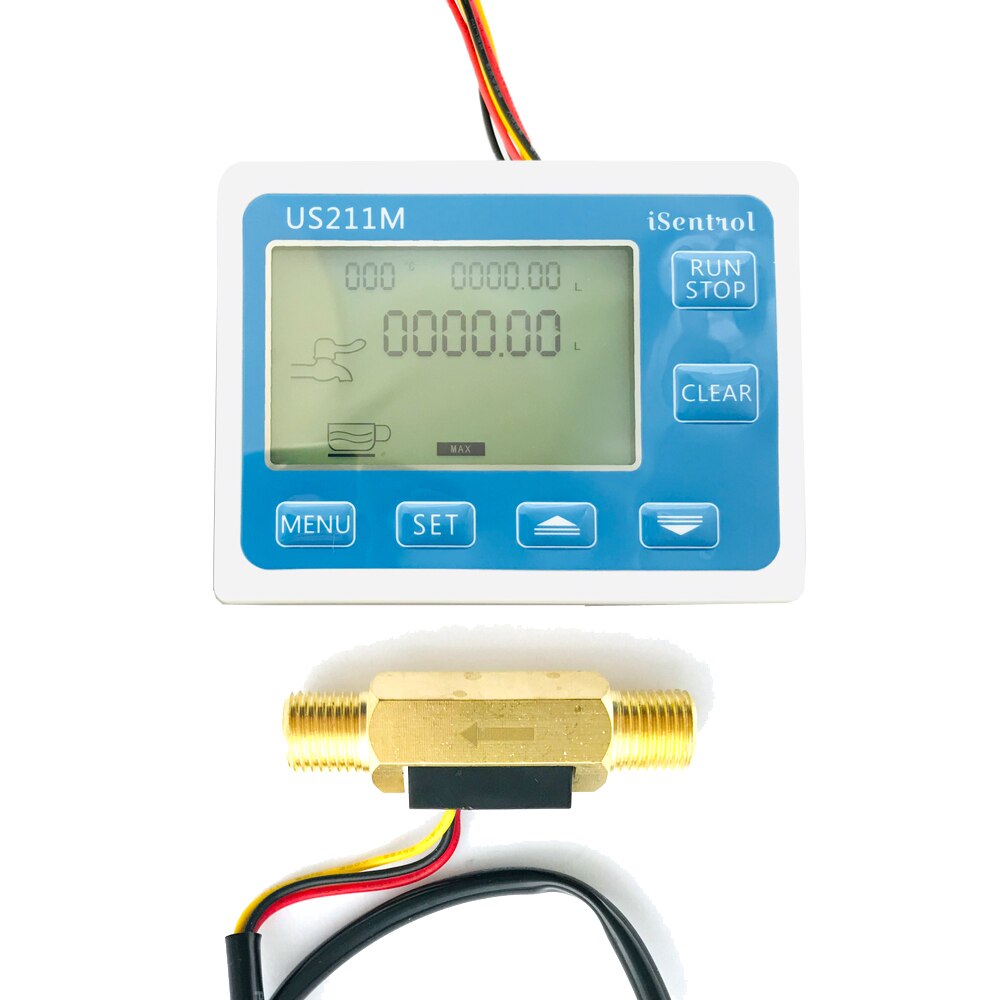 US211M Digital Flow meter Display with USC-HS41TA Brass Flow Meter Totalizer Flow Measurement 0.3-3.5L/min Range G1/4" thread