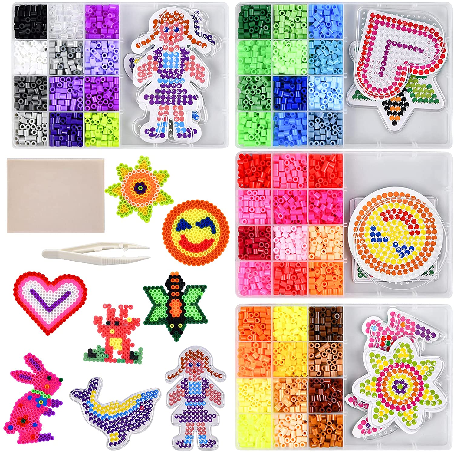 2400Pcs Fuse Beads Kit 5mm Iron Beads Set with 4 Pegboards 4 Pattern Card 2 Ironing Paper 1 Tweezer Box for Kids Children: 48 Colors