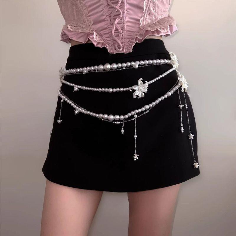Sexy Geometrische Parel Taille Ketting Voor Vrouwen Bloem Kwastje Dubbellaags Kralen Ketting Riem Streetwear Zomer Mode Lichaam Sieraden