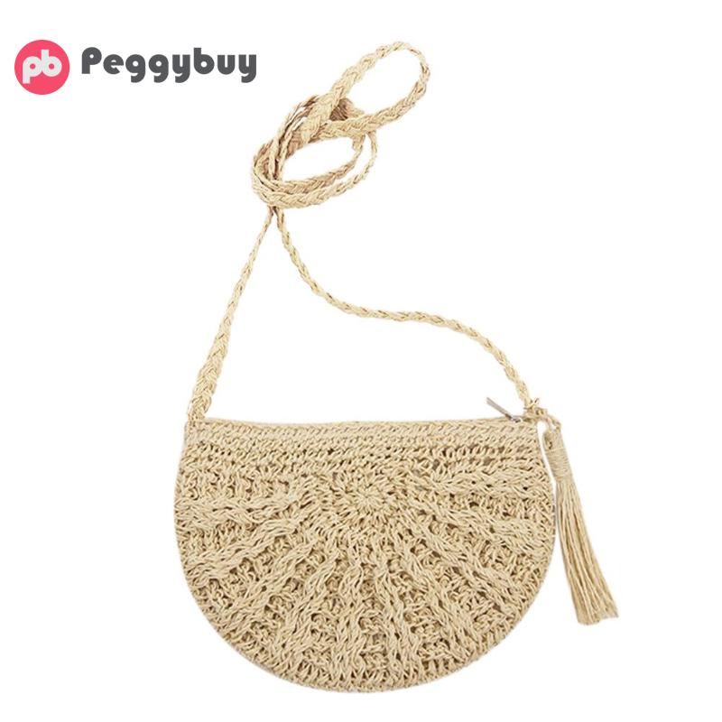 nouveaux sacs pour femmes paille ronde tissé à la main concepteur été plage bohême rotin cercle sac à bandoulière pour la féminine: Beige