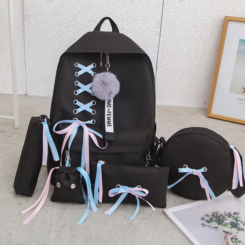5 pçs/set mulheres mochila adolescente meninas corrente usb sacos de lona mochilas bolsa ombro feminino estudante sacos escola borla