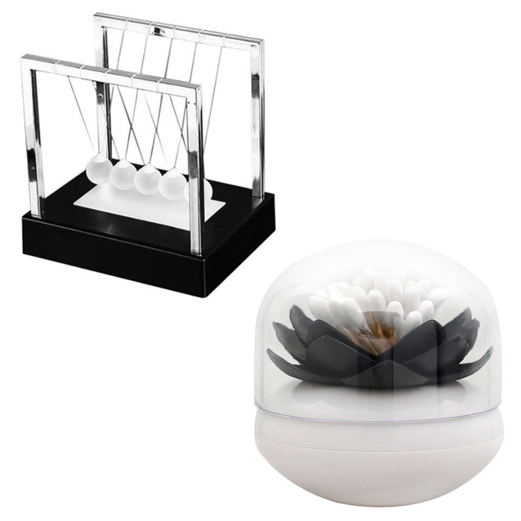 Chic Lotus Flower Cotton Bud Holder Toothpick Case With Newtons Cradle LED Light Up Kinetic Energy Home Science Toys