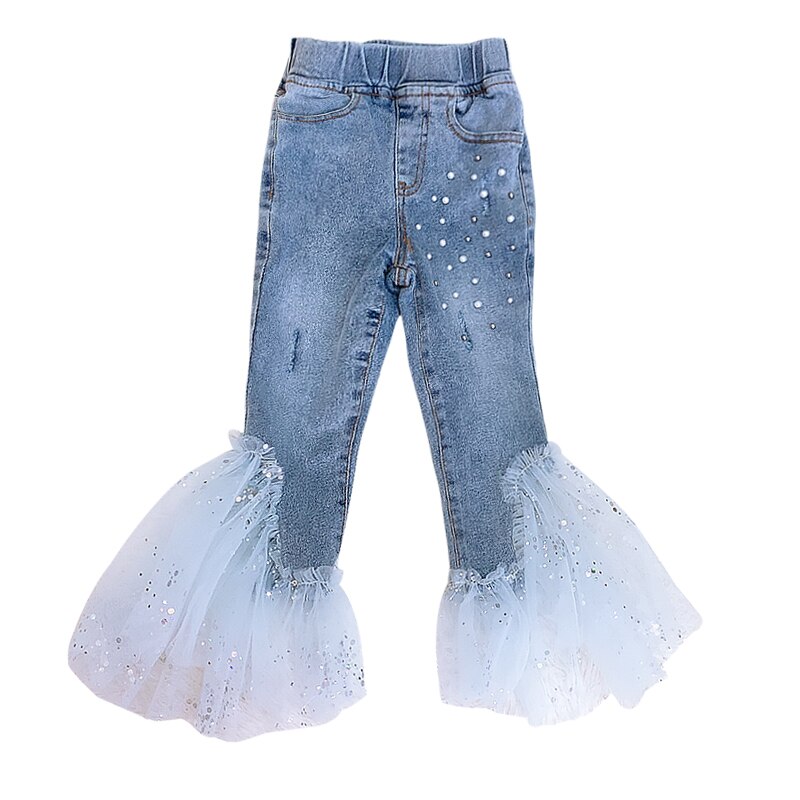 Meisjes mesh patchwork kralen denim broek lente boot cut broek kinderen cowboy broek kinderkleding  ws1474