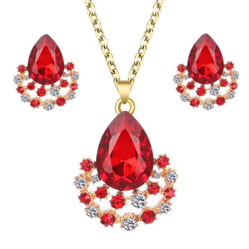 Conjunto de collar y pendientes con colgantes de cristal para mujer, conjunto de joyería nupcial, pendientes y collares de boda: Red