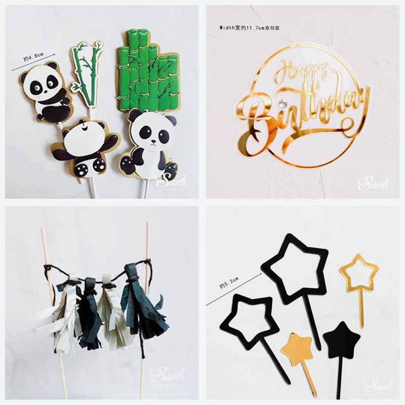 Panda bamboo Cake Topper Happy Birthday Turtle leaf Clay Decoration for Children's Boy Girl Party Supplies Baking Lovely: PANDA SET 1