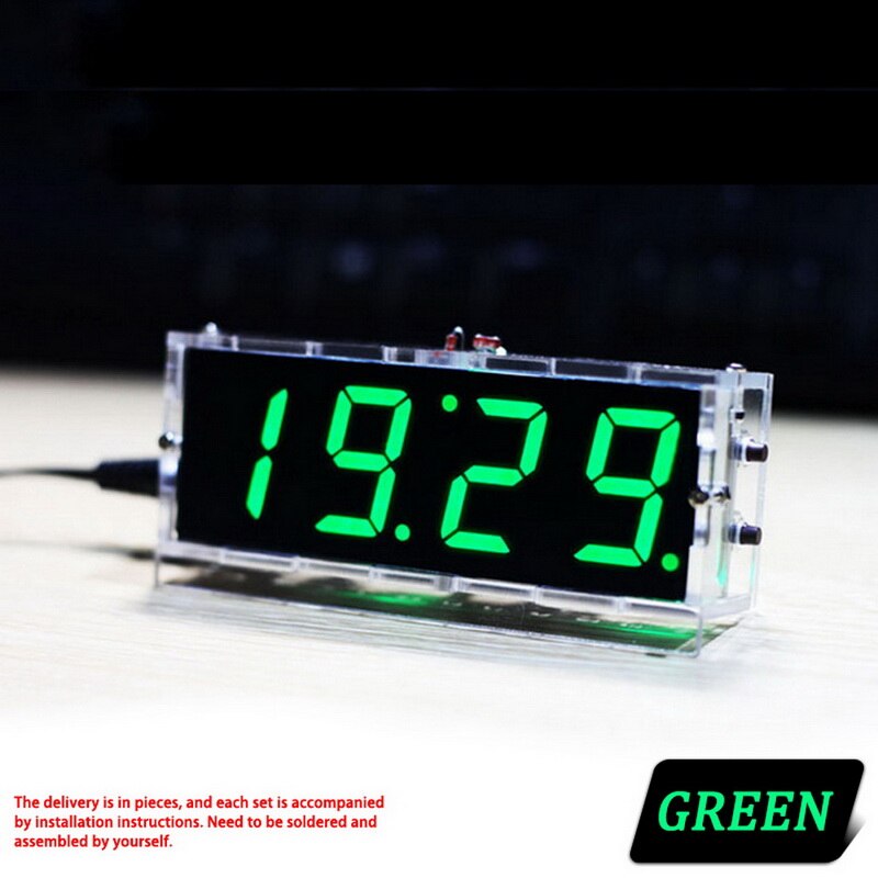 Diy Digital Led Clock 4digit Light Control Temperature Date Time Display Transparent Case Indoor Outdoor With Speech Alarm Clock: No battery Green