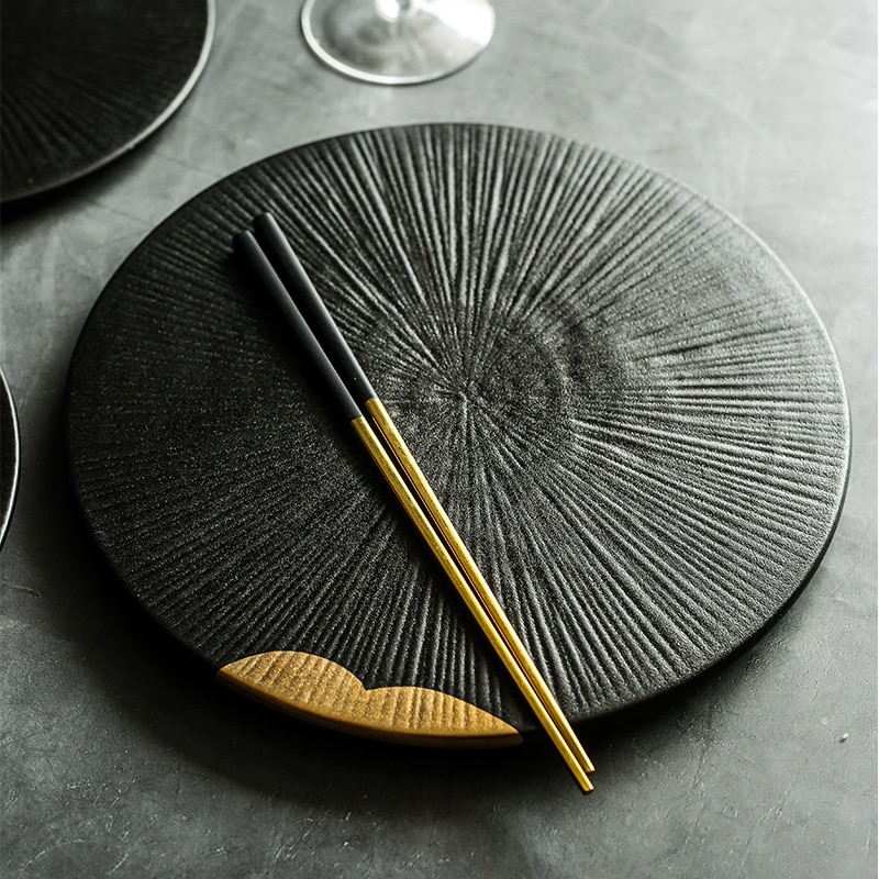 KINGLANG Keramische Zwarte gouden kleur servies plaat huishoudelijke keramische plaat sushi sashimi plaat