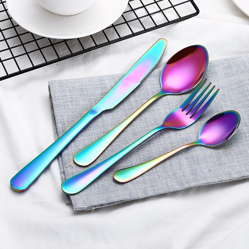 Regenboog Bestek Sets Vork Lepel Mes Set Koreaanse Keuken Servies 18/10 Rvs Zilverwerk Set Bestek Messen Sets: rainbow