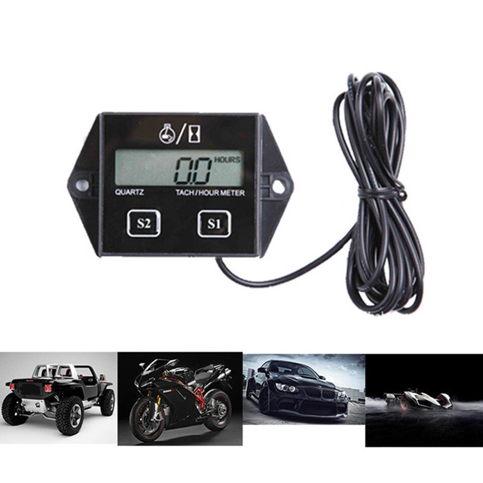 Motorcycle Digital Display Tachometer Motor Boat Engine Electronic Tachometer built in battery tach hour meter black