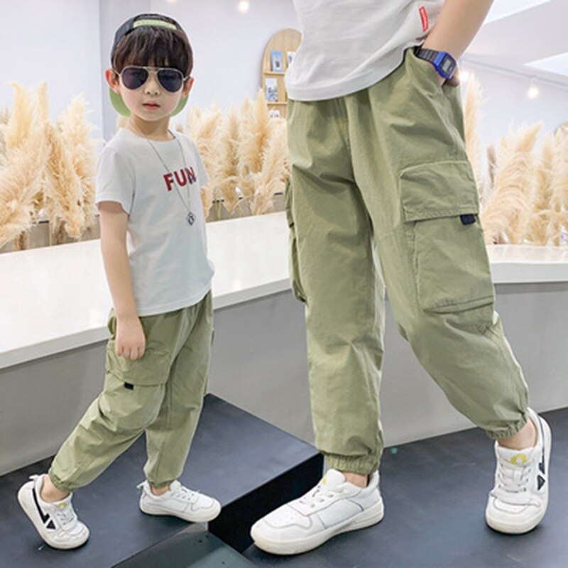 Pantalones Cargo de Verano para Niños y Adolescentes, calzas deportivas de algodón con bolsillo holgadas, Color puro, para correr, de 5 a 14 años