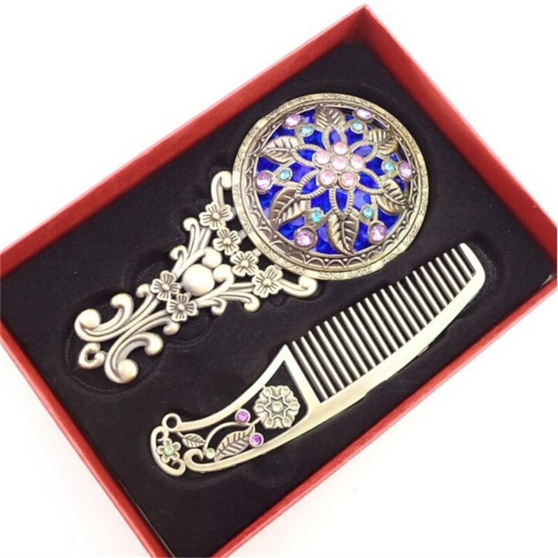 2 Stks/set Retro Brons Handheld Spiegels Hollow Cosmetische Compacte Spiegel Kam Set Met Box Willekeurige Kleur