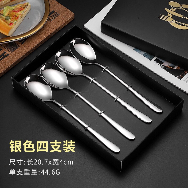 4Pcs Colorful Spoons Set Mirror Cutlery Set 304 Stainless Cutlery Set Spoon Silverware Set Box: Silver Set