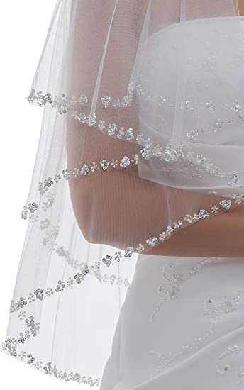 2T 2 Tier Pearls Silver Beaded Bridal Wedding Veil Bridal Veils