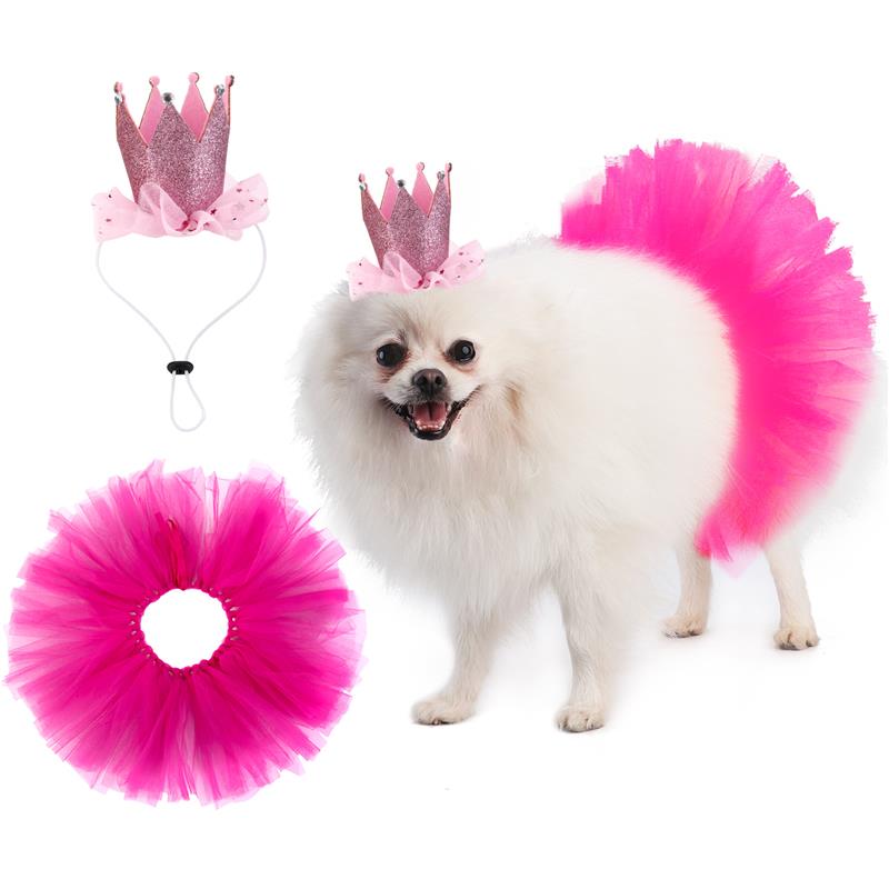 2 Stks/set Huisdier Tutu Rok Leuke Party Bubble Rok Pet Kostuum Rok Met Pet Crown Hoofdband Voor Verjaardagsfeestje Jurk: Rose Red